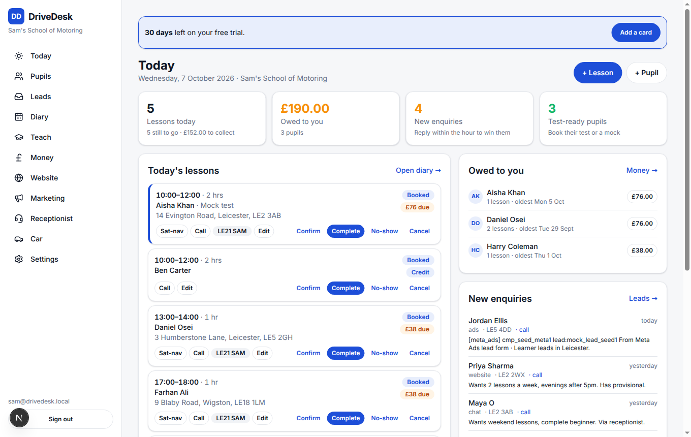 DriveDesk instructor dashboard — today's lessons, money owed and new enquiries